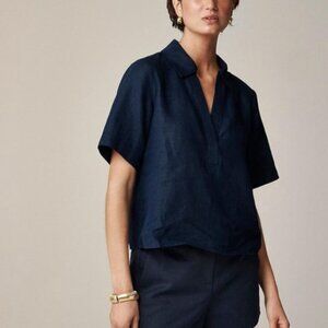 J. Crew Bungalow Short Sleeve Popover Linen Navy Blue Size Medium